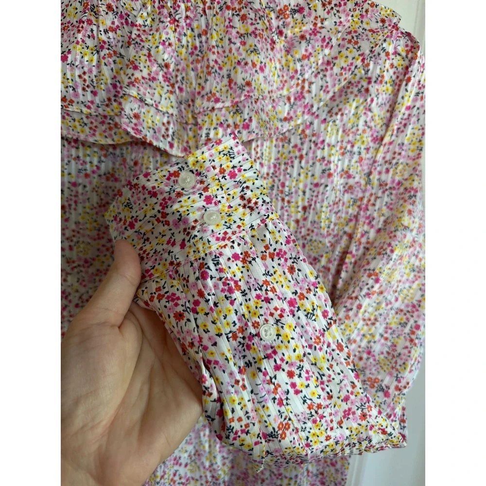 J.Crew Floral Ruffle Collar Pleated Button Up Blouse Pink Yellow Womens M NEW